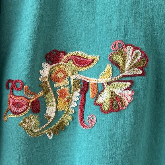 Anthropologie Fig And Flower Top 2X Teal Green Boho Peasant Floral Embroidered - Picture 7 of 9